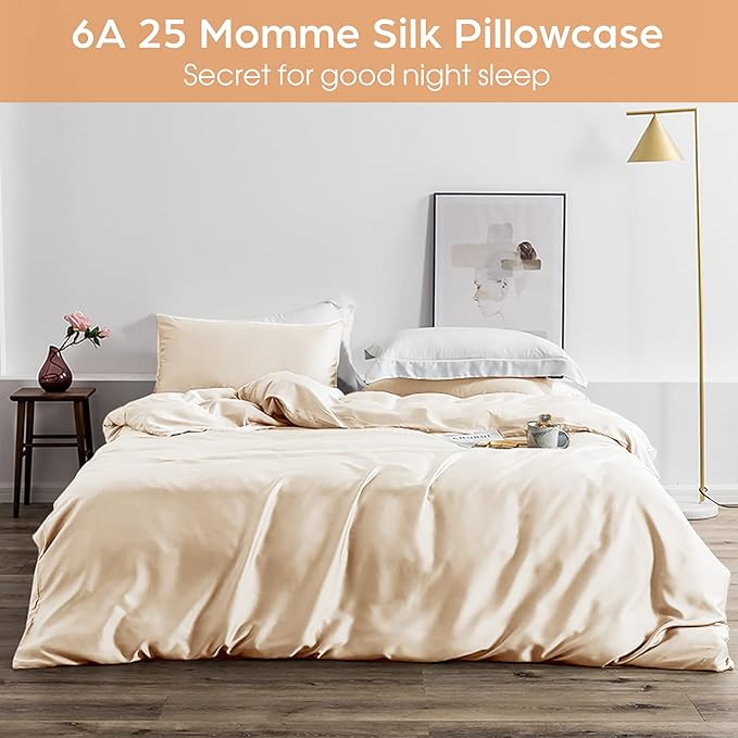 Silk Pillowcase for Hair and Skin, 2 Pack 100% Mulberry Silk Pillowcase 25 Momme, 600 Thread Count, Both Side Pure Silk Pillow Cover with Hidden Zipper (Beige, Standard 20''×26'')