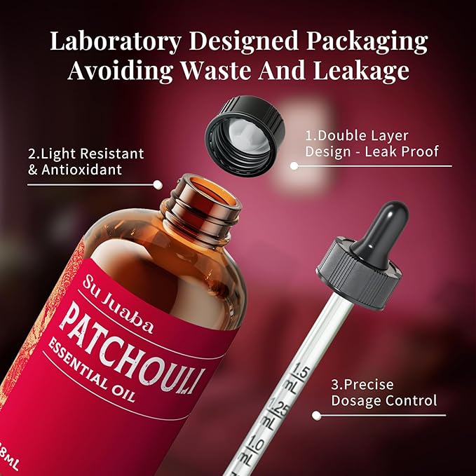 SU JUABA Patchouli Essential Oil 4 Fl Oz, 100% Pure Natural Aromatherapy Oil for Diffuser, Skin Care, Perfume & Soap Making - 118ML