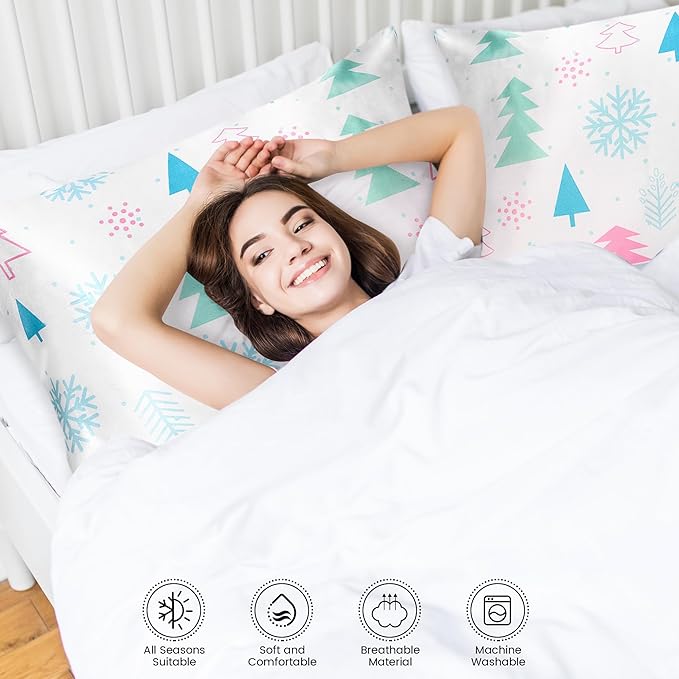 Christmas Tree Satin Pillowcase for Hair & Skin Care, Queen Size Set of 2 - Luxurious Satin Pillow Cover with Envelope Closure(20x30 Inches)