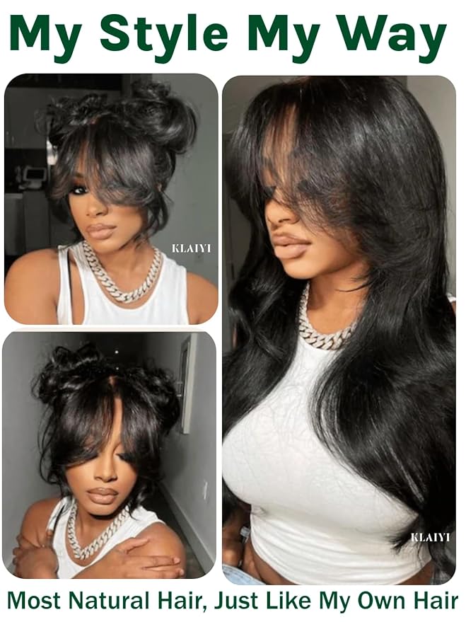 KLAIYI Fluffy Body Wave Curtain Bang Wig Bye Bye Knots Glueless Pre Cut 7x5 Lace Front Wigs Human Hair Loose Wave Pre Bleached Pre Plucked Pre Everything 3S Easy to Wear and Go Wig 180% Density 18Inch