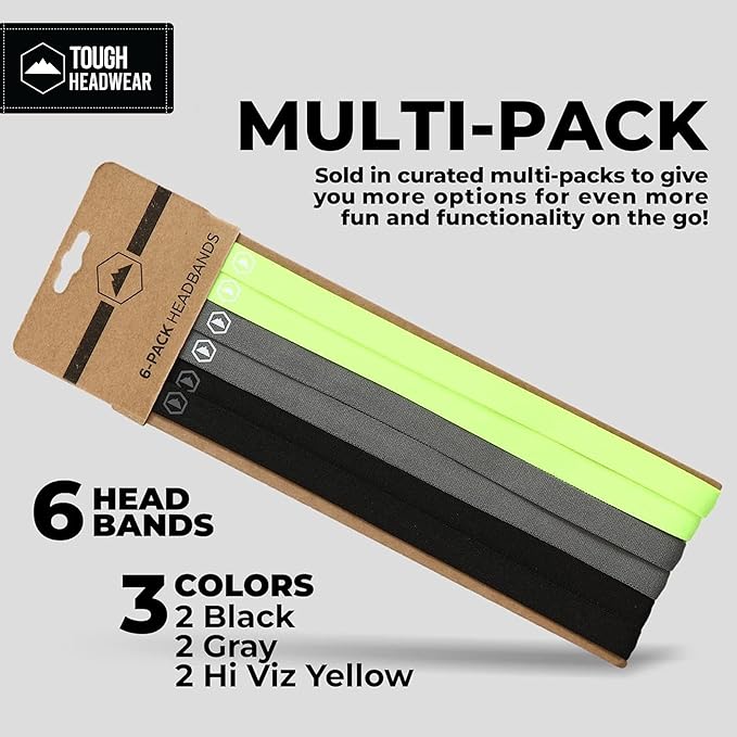 Tough Headwear Thin Elastic Headbands for Men - Sports Hair Head Band for Women & Men - Non Slip Mens Workout Headband - Running or Soccer Headband - 6-Pack