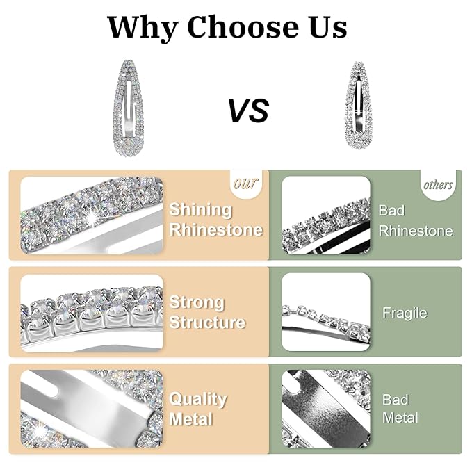 Hair Clip, 2Pcs 2.4Inch Rhinestone, Silver, Hair Barrettes for Women Girls Bridal, Wedding, Party, Prom