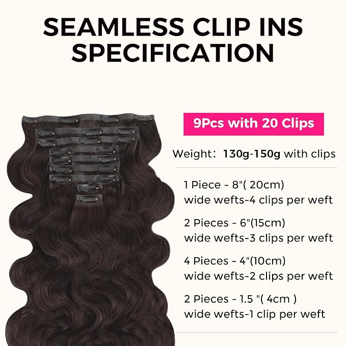 Lashey Seamless Clip in Hair Extensions Human Hair 130g 9pcs 18 Inch Body Wave #2 Dark Brown Clip in Extensions for Women PU Weft Hair Extensions