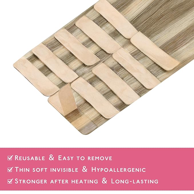 WENNALIFE Tape in Hair Extensions Human Hair Ash Brown with Platinum Blonde Highlights Tape in Extensions, 10pcs 30g 20 inch Remy Invisible Tape Ins Straight Colored Soft Refill Set