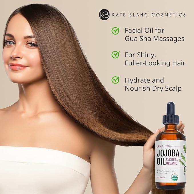 Kate Blanc Cosmetics Jojoba Oil Organic for Hair, Skin & Face (4oz, 100% Pure, Cold Pressed, Natural, Hexane Free, Glass Bottle)