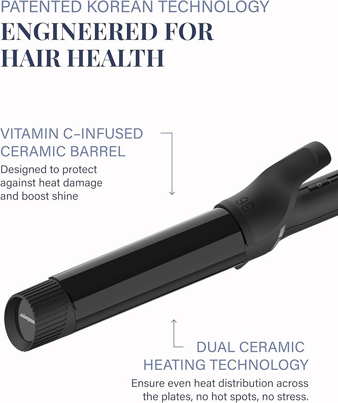 GLAMPALM Curling Iron 1 1/4" - Long Barrel Ceramic Hair Curler for Women, Korea's No.1 Salon Hot Tool, 5 Temps & 30s Heat-up, 3D Swivel Cord & Dual Voltage, Black (GP628)
