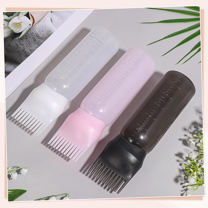 Pimoys Root Comb Applicator Bottle Oil Applicator for Hair Dye, Hair Oiling Bottle Brush with Graduated Scale (3 Pack, 6 Ounce)