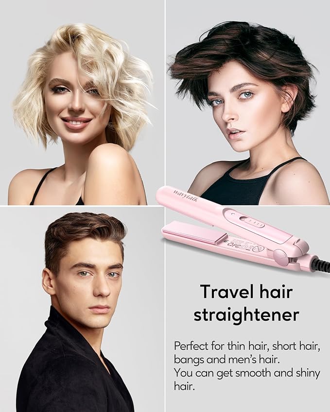 Wavytalk Mini Portable Flat Iron, 0.7 Inch Dual Voltage Hair Straightener - Small Flat Irons for Short Hair, Curls Bangs, Worldwide Use for Travel, Pink