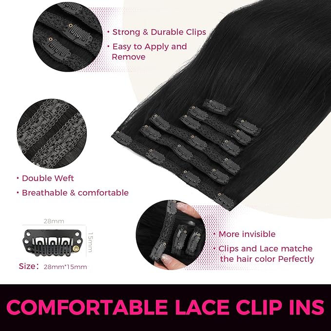 Lashey Clip in Hair Extensions Real Human Hair, 7pcs 120g 18 Inch #1 Jet Black Straight Hair, Remy Human Hair Extensions Clip in Extensions Real Human Hair