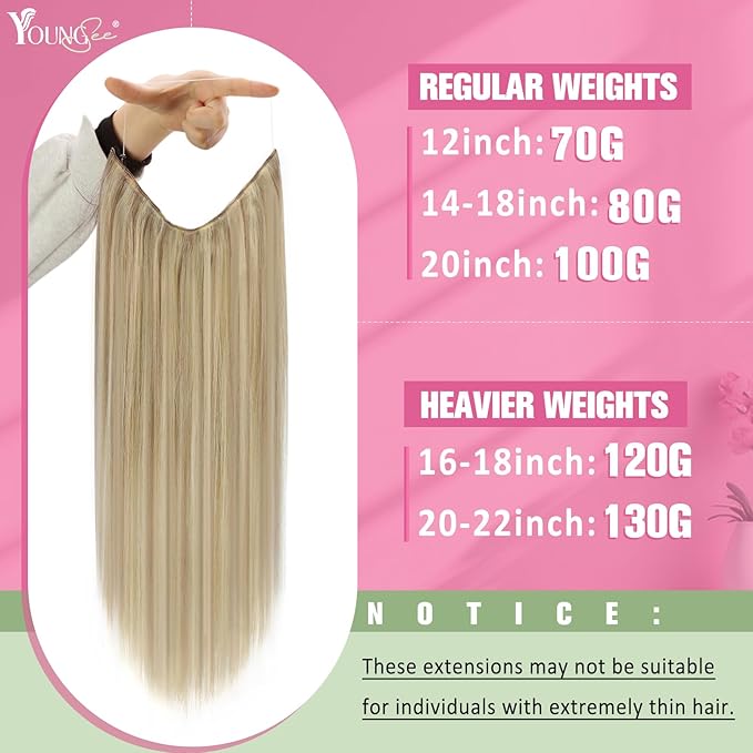 YoungSee Wire Human Hair Extensions Golden Blonde Wire Hair Extensions Real Human Hair Light Blonde Highlights Golden Blond Fish Line Hair Extension Soft Hair 80G 18In
