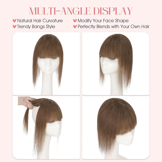 Hairro Mono Hair Toppers with Bangs, 3.4" x 3.4" Mono Base 100% Real Human Hairpieces for Women, 150% Density Clips In Topper for Greyish Thinning Hair, 10 Inch Medium Brown