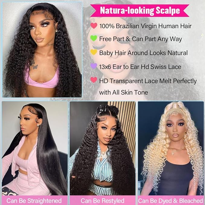 13x6 Deep Wave Lace Front Wigs Human Hair 200% Density HD Lace Front Wigs Human Hair Pre Plucked Natural Color Glueless Wig 100% Virgin Lace Front Wigs for Women（24inch）