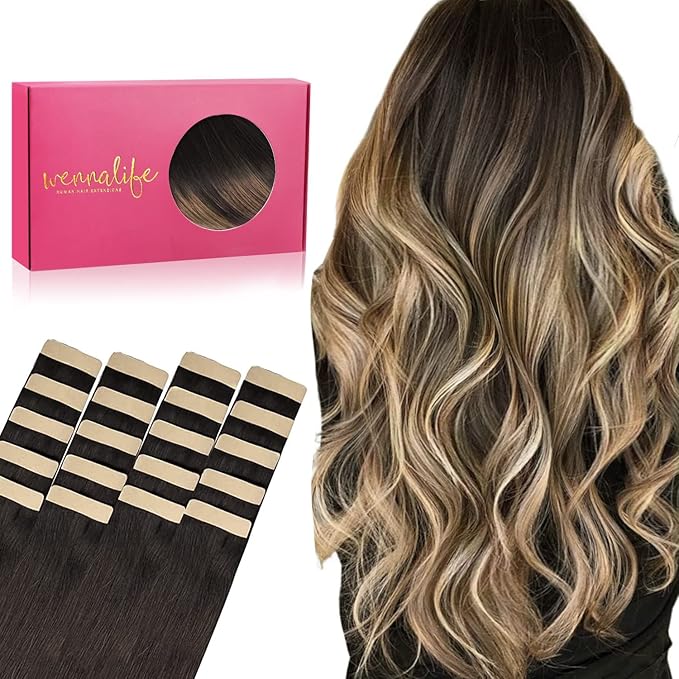 WENNALIFE Tape in Hair Extensions Human Hair, 20pcs 20 inch 50g Dark Brown to Chestnut Brown and Dirty Blonde Remy Tape Hair Extensions Real Human Hair Tape Extensions Coloured Hair Extensions