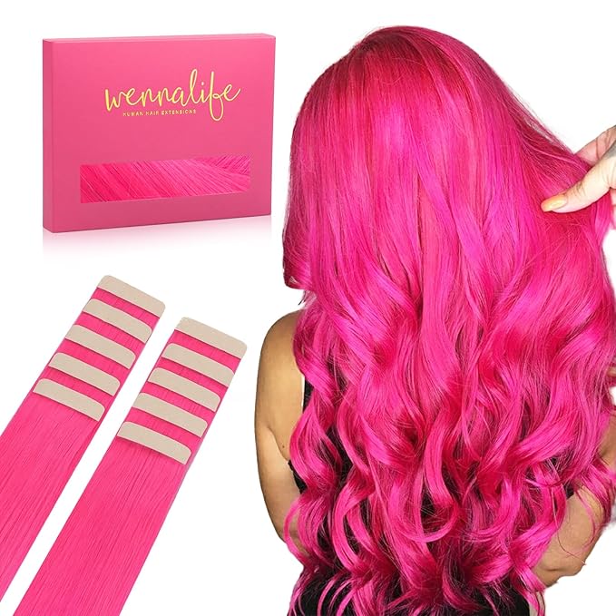 WENNALIFE Tape in Hair Extensions Human Hair Hot Pink Tape in Extensions, 10pcs 30g 22 inch Remy Invisible Tape Ins Straight Colored Soft Real Human Hair Tape in Extensions Refill Set Extensions