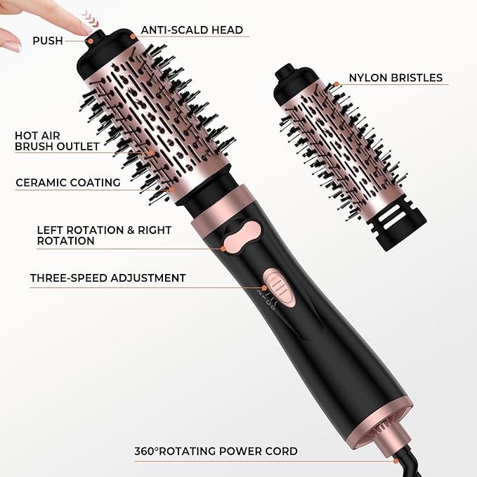3 in 1 Rotating Hair Dryer Brush, Auto Rotating Blow Dryer Brush Spinning with 2 Brushes (2" & 1.5"), Negative Ionic Brush Blow Dryer, Round Brush Blow Dryer Volumize Curling 100-120V