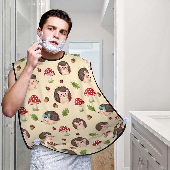 Beard Hair Catcher Bib, Waterproof Non-Stick Grooming Apron for Shaving Trimming, Perfect for Men Dad, Cute Baby Hedgehog and Mushrooms Shave Bib