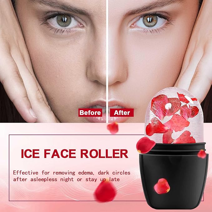 XHJRI Ice Face Roller Massager,Ice Cube Roller for Face, Eyes and Neck Naturally Conditioning and Skin Care,De-Puff Eye Bags,Reduce Migraine Pain,Reusable Massage Silicone Ice Mold (New Black White)