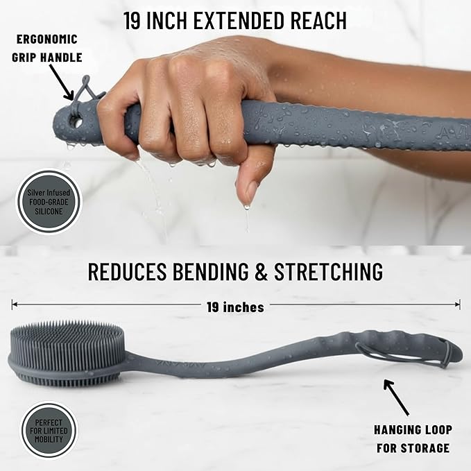 Silver Infused Long Handle Back Scrubber - 19 inch Premium Extended Reach Body Brush - Avilana Advanced Material Bath Tool Easy Grip - Luxury Body Wash Brush Gift