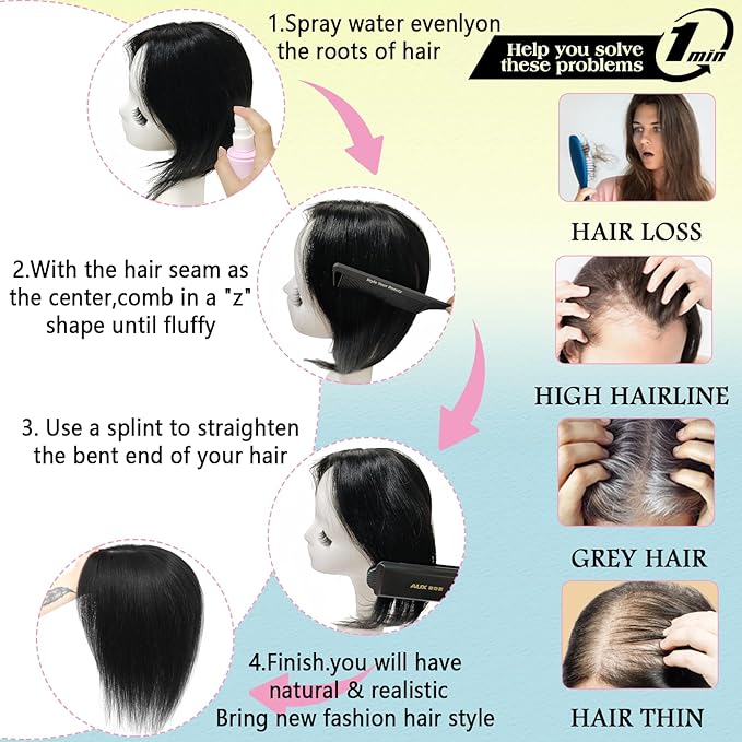 Hair Toppers for Women Real Human Hair, 360° 3D Toppers Pieces for Women with Thinning Crown Side Bangs 12 Inch Upgrade Big Basement (Dark Brown, 12 Inch Side Bangs)