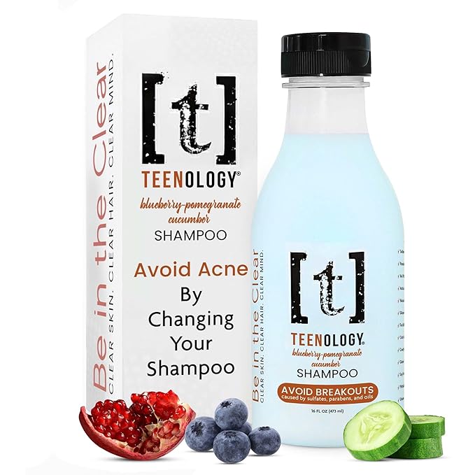 Teenology Teen Shampoo – Avoid Acne Breakouts, Non-Comedogenic, For Dry & Oily Scalps, Sulfate & Paraben Free, Natural Extracts, for Clear Skin & Healthy Hair, 16 oz – (Blueberry Pomegranate Cucumber)