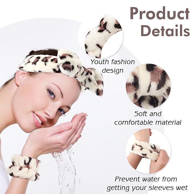 Zkptops 6Pcs Spa Headband for Washing Face Wristbands Set Women Bubble Skincare Makeup Sponge Plush Padded Puffy Headband Bow Tie Hairband Cute Non Slip Thick Hair Accessory Gifts(Beige Leopard)