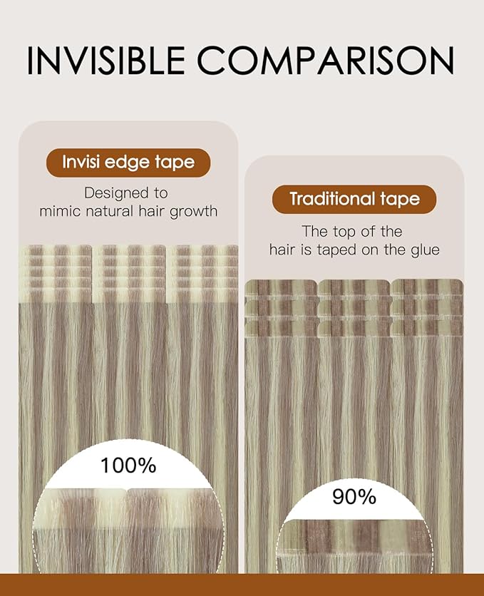VINBAO Invisi Edge Tape in Hair Extensions Human Hair, 50g 20pcs Dirty Blonde Highlighted Platinum Blonde, Seamless Invisible Tape Natural Blend 18inch #18P60