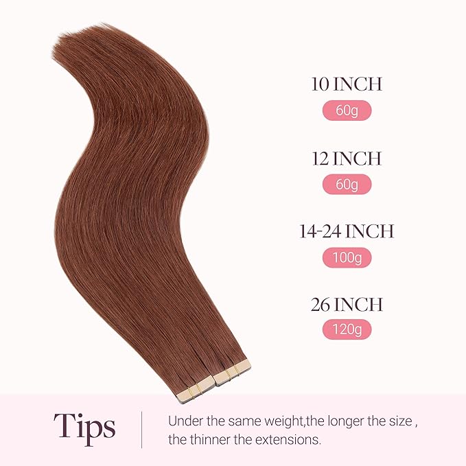 GOO GOO Tape in Hair Extensions Human Hair, #33B Dark Auburn Copper, 20inch 100g 40pcs, Skin Weft Seamless Invisible, Silky Straight with Thick Ends, Remy Human Hair