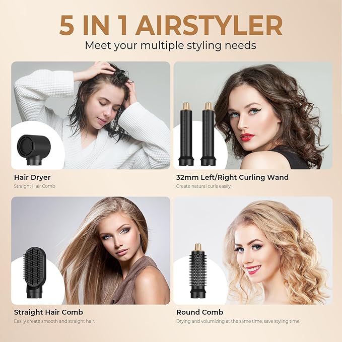 5 in 1 Blow Dryer Brush, Negative Ion Hair Dryer Brush Set Upgrade Hot Air Brush Air Styler Curling Wrap Air Curler, Curling Iron Hair Styling Tools As A Gift for Straight/Curl/Drying/Smoothing