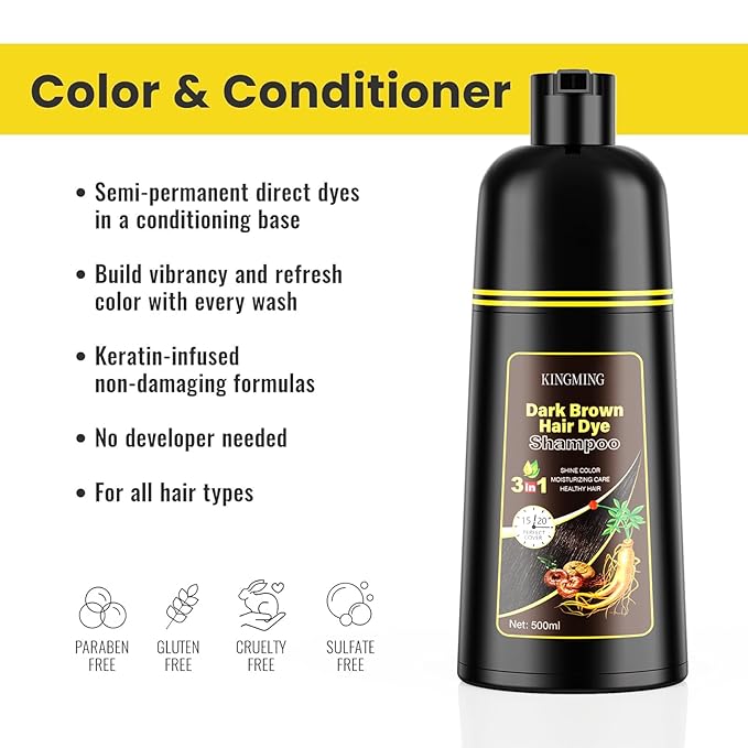 KINGMING Dark Brown 3 in 1 Hair Dye Shampoo for Gray Coverage, Herbal Ingredients for Men and Women, 500ml (Dark Brown)