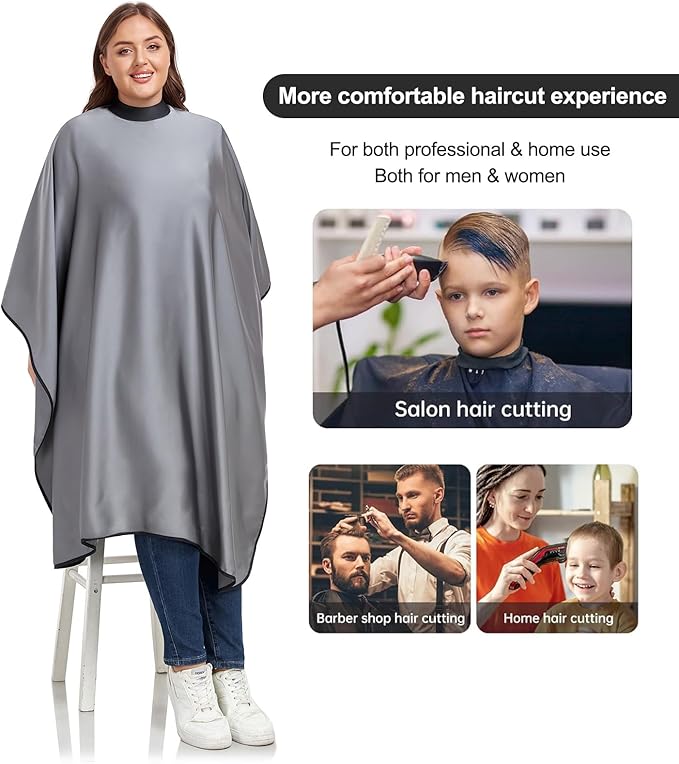 PERFEHAIR Salon Hair Cutting Cape for Adults - Adjustable Soft Silicone Collar Snap Closure, Silky Anti-Static Premium Haircut & Barber Cape - Gray