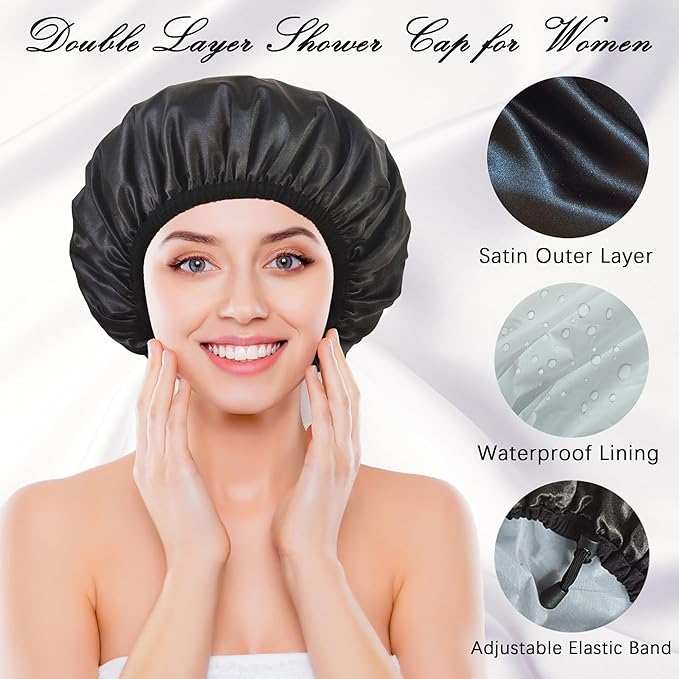 Shower Cap for Women, Large Shower Caps Reusable Waterproof with Elastic Band, Silky Satin Double-layer Bath Cap for Braids Long Hair