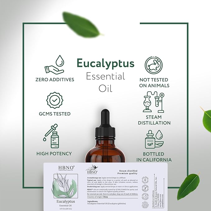HBNO California Bottled Eucalyptus Essential Oil for Diffuser 4 fl oz (120ml) - Perfect Eucalyptus Oil Essential Oil for Aromatherapy & DIY