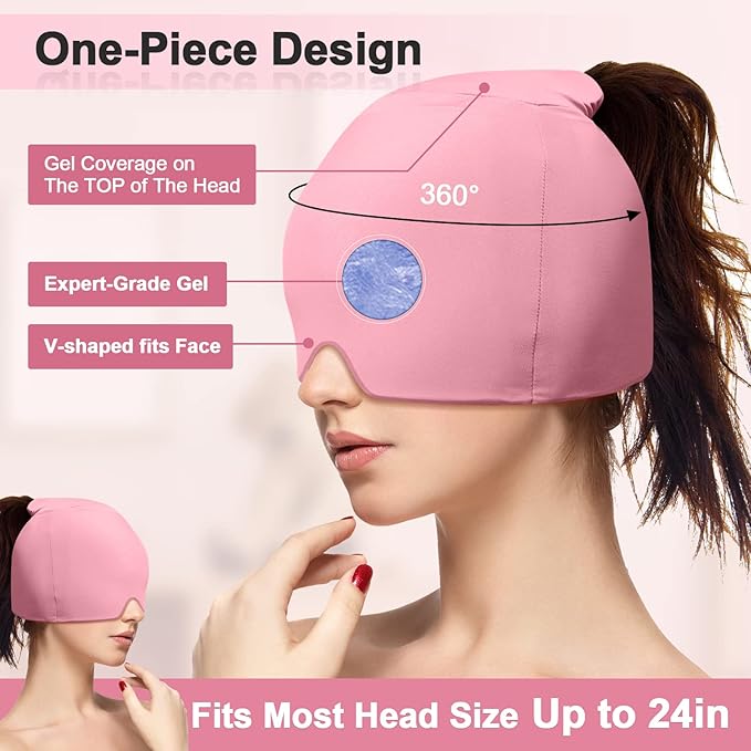 Migraine Relief Cap with Gel Top Coverage, Headache Relief Hat for Migraine Sinus Tension Stress Pain Relief, Migraine Ice Head Wrap Ice Gel Packs Hot Cold Therapy Headache Relief Cap