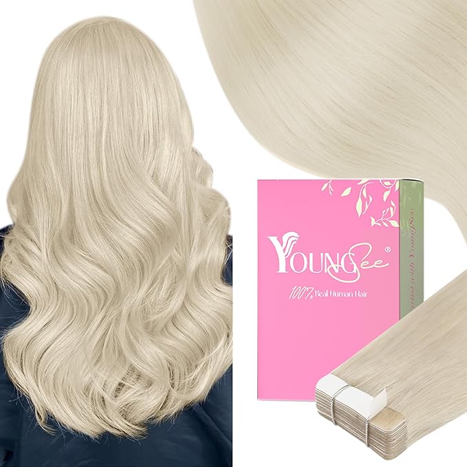 YoungSee Tape in Extensions Platinum Blonde Human Hair Tape in Extensions Blonde Tape in Hair Extensions Human Hair Invisible Tape-in extension Real Human Hair 20 Inch 50g Tapes Extension for Wedding