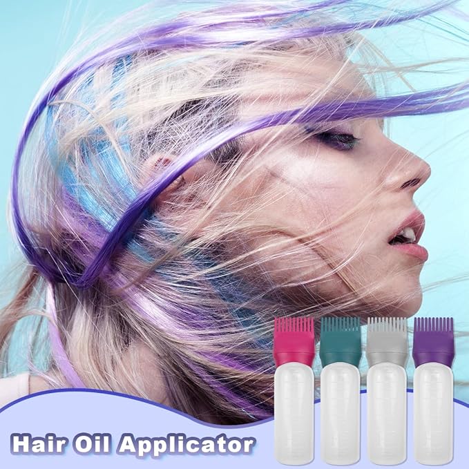 4 Pack Root Comb Applicator Bottle, Hair Oil Applicator, Oil Comb Applicator Bottle for Hair Dye Shampoos Hair Salons (Purple+Red+Grey+Green)