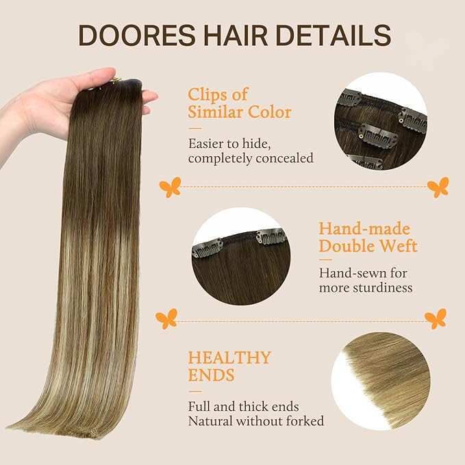 DOORES Human Hair Extensions Clip in, Balayage Walnut Brown to Ash Brown and Bleach Blonde 150g 9pcs 22 Inch, Clip in Hair Extensions Remy Natural Hair Extensions Straight Silky
