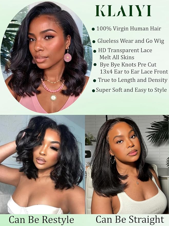 KLAIYI Light Yaki Straight Bob Loose Wave Pre Everything 13x4 Lace Front Wigs Human Hair Precut Lace Pre Plucked Bleached Glueless Wear and Go Wigs for Women Bye Bye Knots Wig Beginner Friendly 14Inch