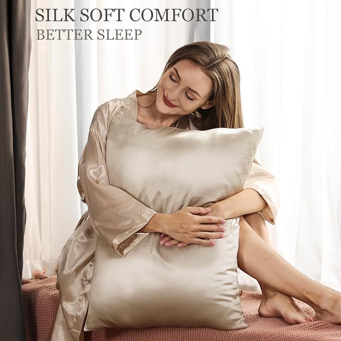 Adubor Silk Pillowcase 2 Pack for Hair and Skin with Hidden Zipper, Both Sides 23 Momme Silk Pillow Case (Beige, Queen: 20''X30'')