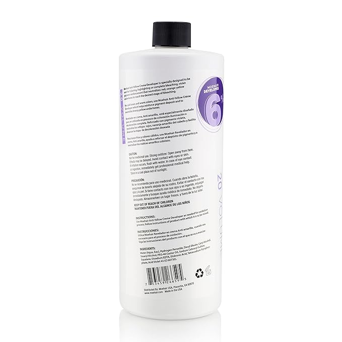 Moehair Anti Yellow Hair Color Developer Creme 20 volume 6% hydrogen peroxide with Violet Pigment, Professional developer for hair coloring, bleach for brighter and lighter tints. 32 Fl Oz