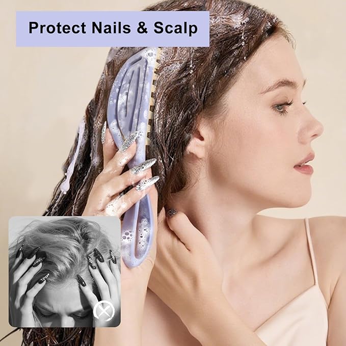 RHOS Scalp Massager, Shampoo Brush with Handle, Curved Vented Hair Scrubber, Scalp Brush for Wet & Dry Hair (Purple)
