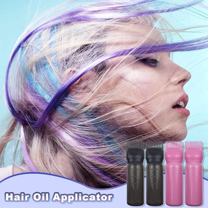 4 Pack Root Comb Applicator Bottle, Hair Oil Comb Applicator for Hair Dye, Shampoos, Salons (Pink+Black)