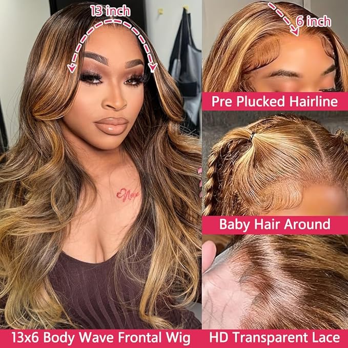 4/27 Honey Blonde Ombre Lace Front Wig Human Hair 13x6 HD Highlight Body Wave Lace Frontal Wigs Glueless Wigs Pre Plucked with Baby Hair 180 Density 24Inch
