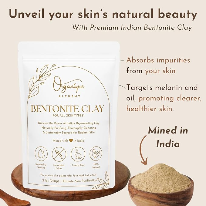 Bentonite Clay Powder For Face, Body & Hair, Deep Pore Cleansing & Detox, Indian Healing Calcium & Sodium Clay, For Masks & Bath 8 oz (227g)