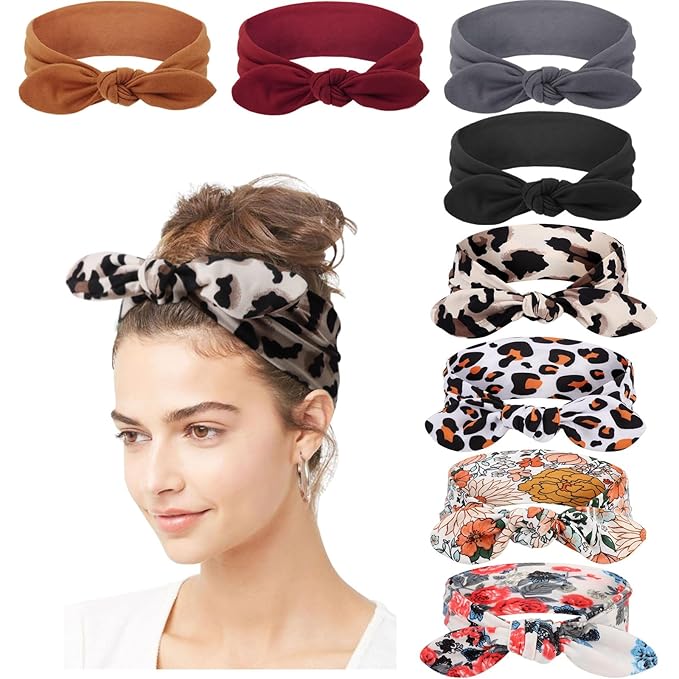 DRESHOW 8 Pack Adjustable Knotted Headbands Non Slip Elastic Yoga Hair Bands Solid Colors Headbands for Women and Girls