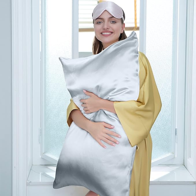 J JIMOO 100% Mulberry Silk Pillowcase for Hair and Skin, Both Sides 19 Momme Pure Natural Silk Pillowcases Soft Breathable Queen 20''×30'', Silver Grey 1 Pack