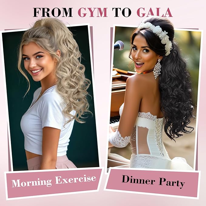 QGZ Ponytail Extension 20 Inch Claw Clip Ponytail Hair Extension Natural Synthetic Curly Wavy Hairpiece for Women Daily Use(Black)
