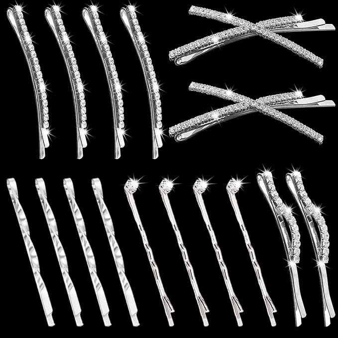 16 Pieces Silver Rhinestone Bobby Pins Set Delicate Decorative Fancy Crystal Hair Clips Shiny Fancy Metal Barrettes, I S X Shaped Diamond Hair Accessories for Women Ladies Girls Wedding Prom Party