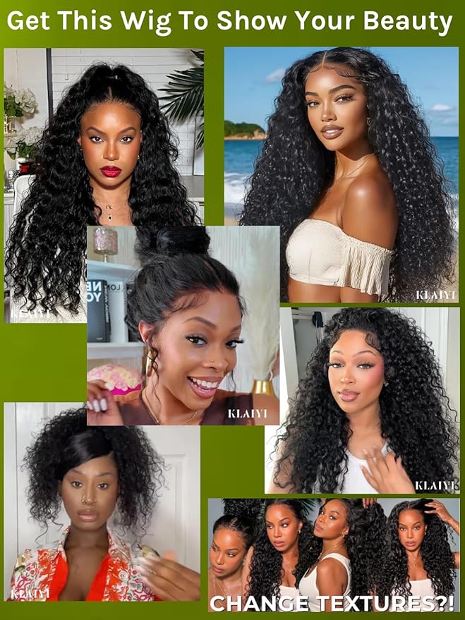 KLAIYI Water Wave Pre Cut 360 Full Lace Frontal Glueless Wig Human Hair Drawstring Pre Plucked Bleached Bye Bye Knots Pre Everything Ready to Wear And Go Curly Beginner Wig with Baby Hair 180% 26Inch