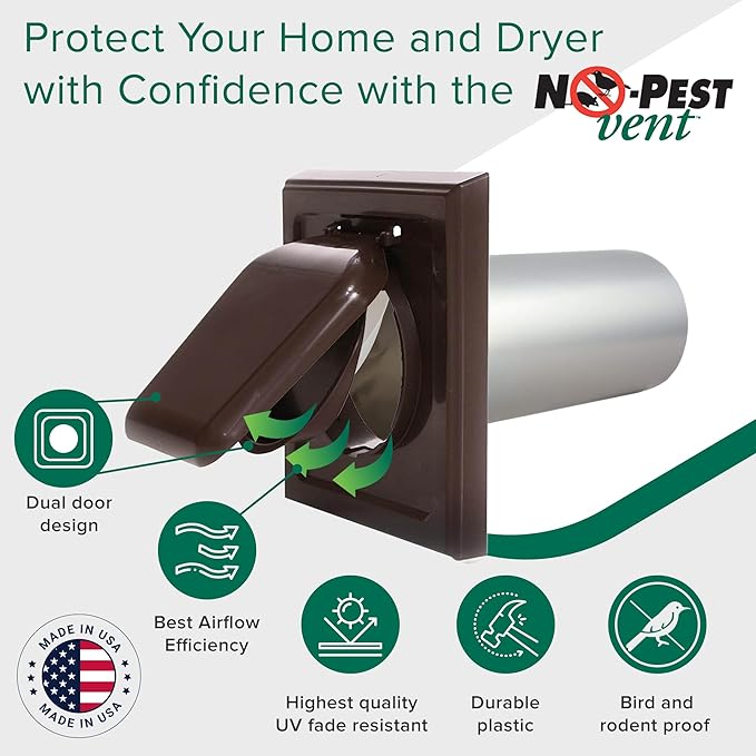 NO-PEST VENT, Exclusive Dual Door Dryer Vent Cover Outdoor 4 inch with Collar, Made in USA w Highest UV Resistant Plastic in any Outdoor Vent Cover (Brown, 4" Plastic WIth Collar)
