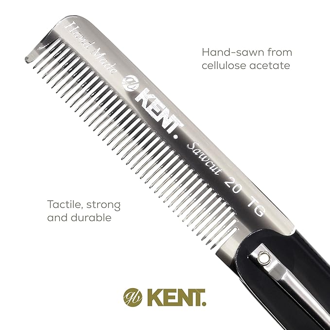 Kent 20T Black Graphite Handmade Folding Pocket Comb for Men, Fine Tooth Hair Comb Straightener for Everyday Grooming Styling Hair, Beard or Mustache, Use Dry or with Balms, Saw Cut, Made in England